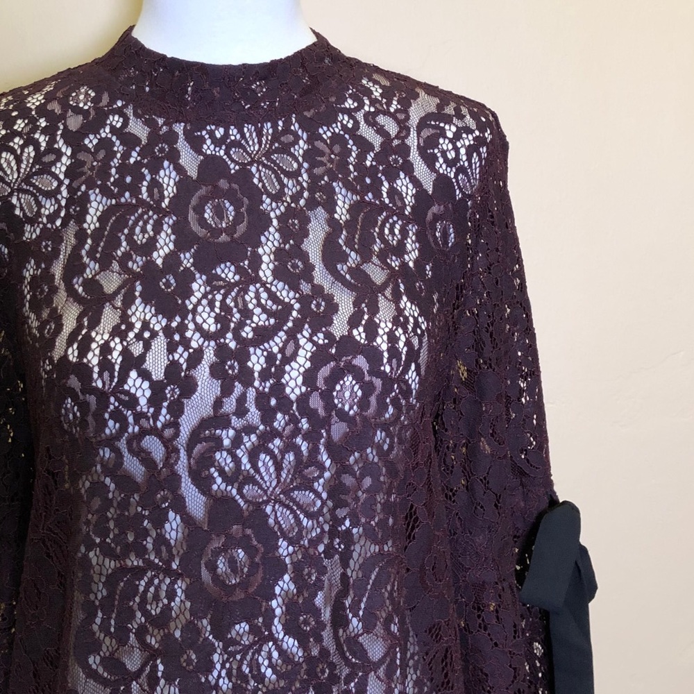 Ann Taylor LOFT plum lace bell sleeve blouse with bows at sleeves Dark feminine - Picture 4 of 8